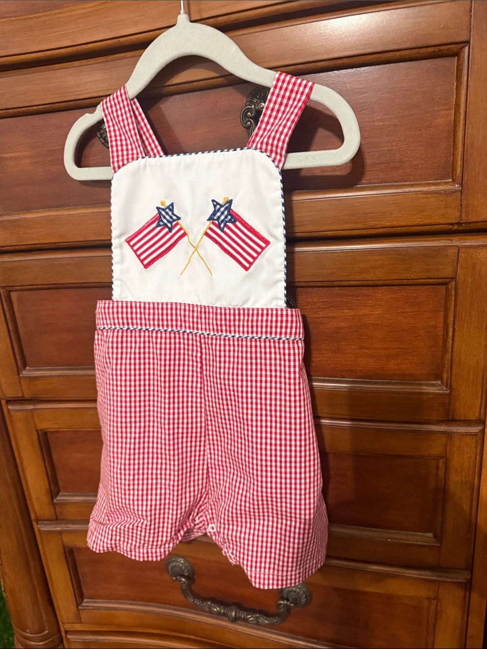 Petit Ami Red Gingham Shorts Romper with Flag Appliqué